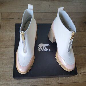 Sorel Zip up Pink and White Rubber Heel Boots